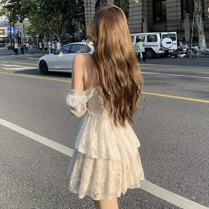 French Sweet Lace Fairy Dress Women Sexy Slim Korean Party Vintage Dress   Elegant Princess Long Sleeve Ruffles Retro Dresses