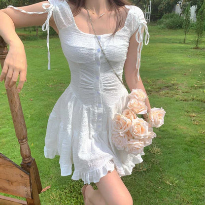 Gbolsos Japanese Kawaii Princess Dress Women Pink Fairy Ruffles Party Mini Dress Female Summer Korean Puff Sleeve Slim Sweet Dress