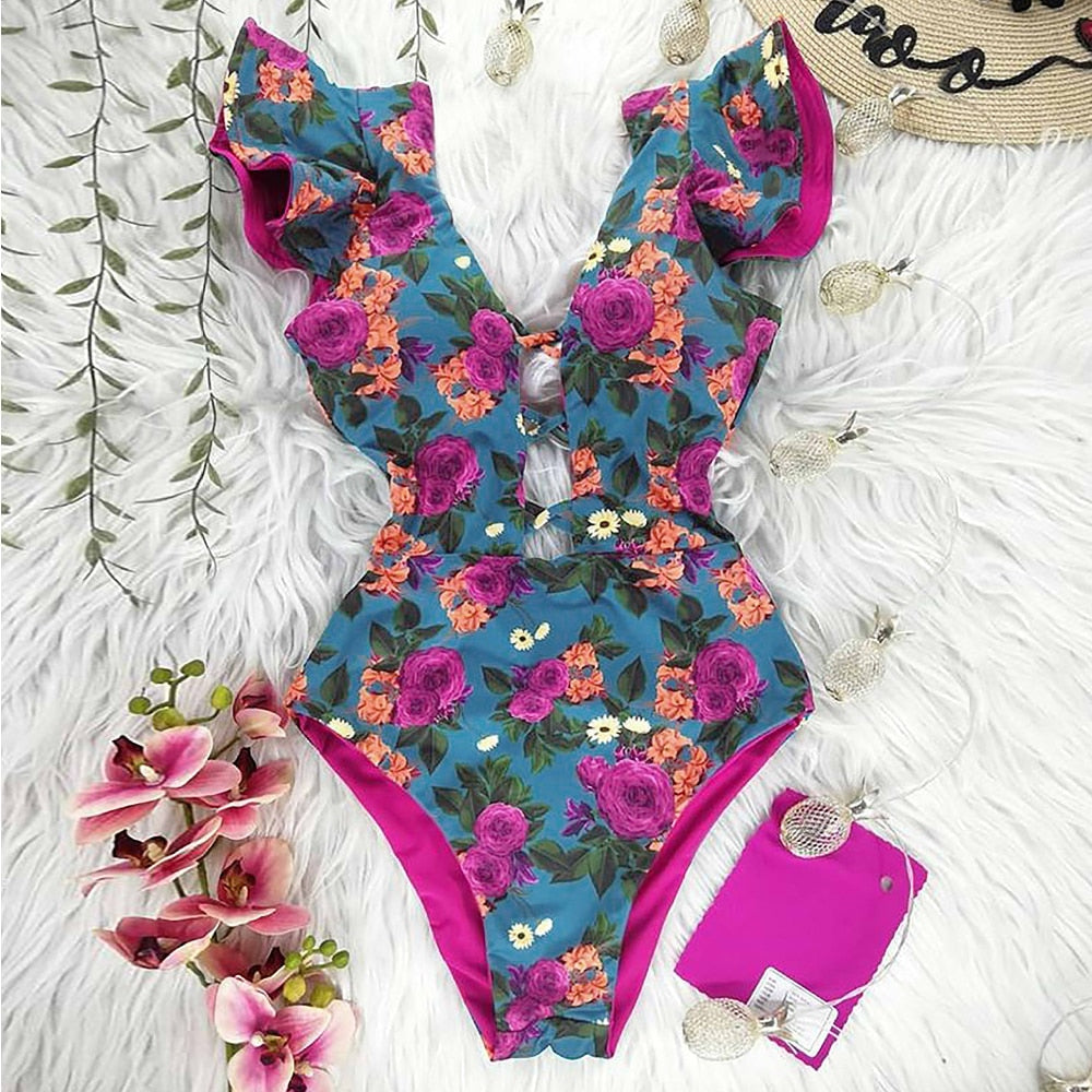New Sexy Ruffle Print Floral One Piece Swimsuit Off The Shoulder Swimwear Women Solid Deep-V Beachwear Bathing Suit Monkini