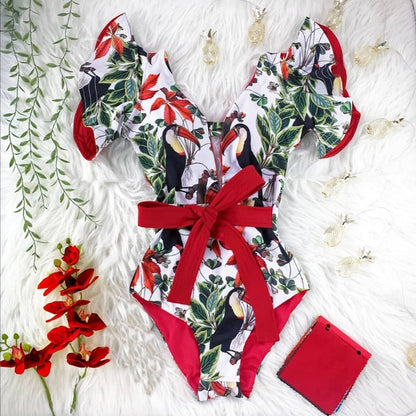 New Sexy Ruffle Print Floral One Piece Swimsuit Off The Shoulder Swimwear Women Solid Deep-V Beachwear Bathing Suit Monkini