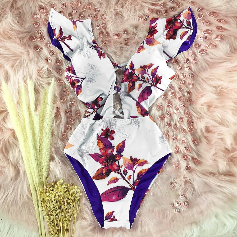 New Sexy Ruffle Print Floral One Piece Swimsuit Off The Shoulder Swimwear Women Solid Deep-V Beachwear Bathing Suit Monkini
