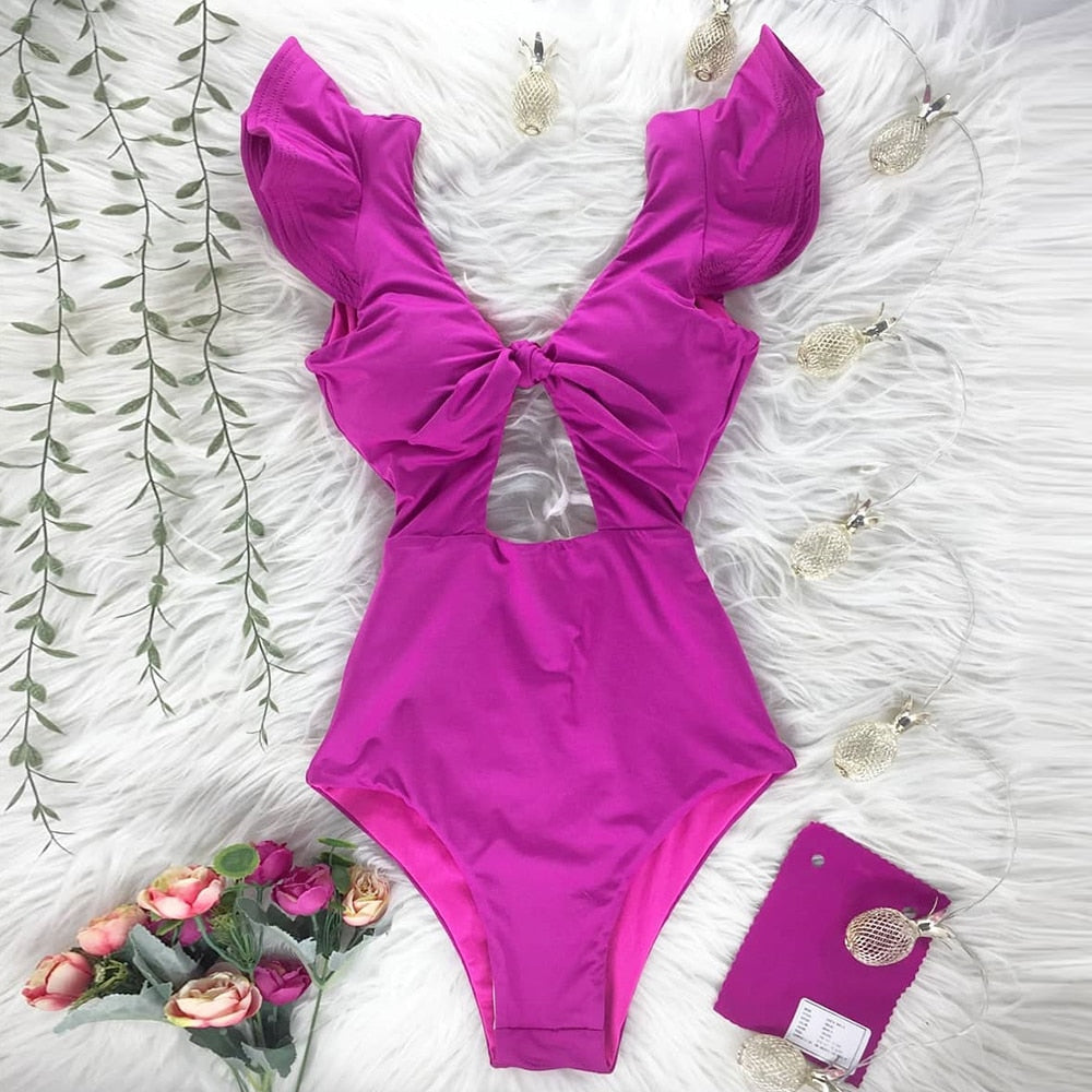 New Sexy Ruffle Print Floral One Piece Swimsuit Off The Shoulder Swimwear Women Solid Deep-V Beachwear Bathing Suit Monkini