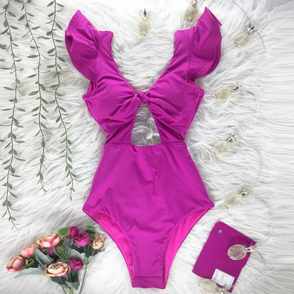 New Sexy Ruffle Print Floral One Piece Swimsuit Off The Shoulder Swimwear Women Solid Deep-V Beachwear Bathing Suit Monkini