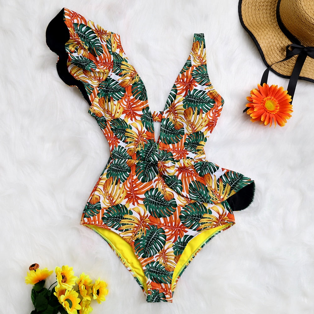 New Sexy Ruffle Print Floral One Piece Swimsuit Off The Shoulder Swimwear Women Solid Deep-V Beachwear Bathing Suit Monkini