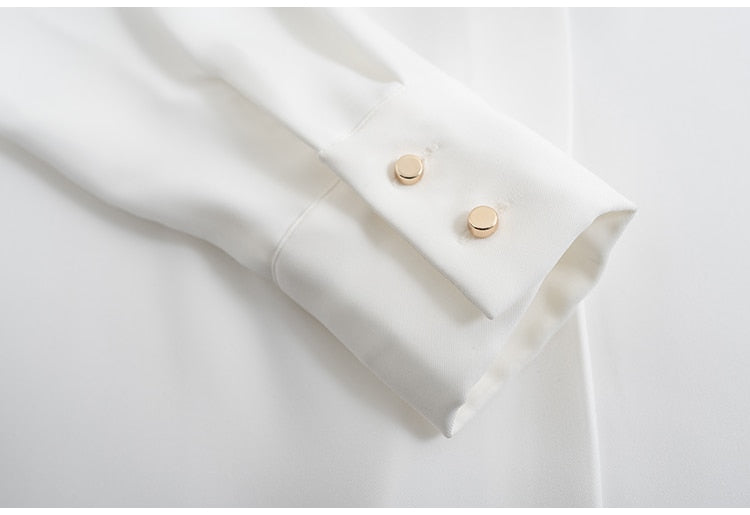 Gbolsos New Chiffon White V-neck Women's Blouses Long Sleeve Spring High Street Shirt Ladies Top Chemisier S-XXL Solid Color