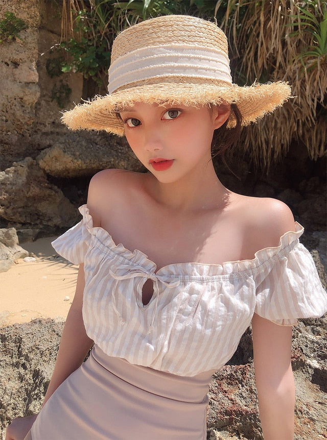 Korea Style Sexy Off Shoulder One Piece Swimsuit Women Sexy Bandage Bodysuit Monokini High Waist Swimwear Bathing Suit Beachwear