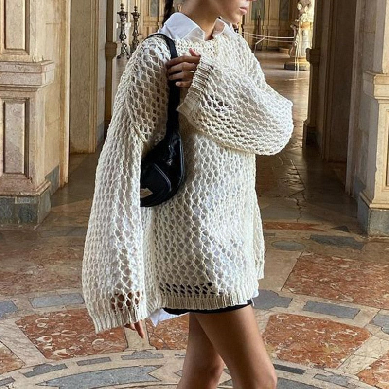 Gbolsos Women Hollow Out Crochet Sweater Vintage Fairycore Grunge Smock Knit Pullovers Fishnet Bathing Suit Cover Ups Swimwear