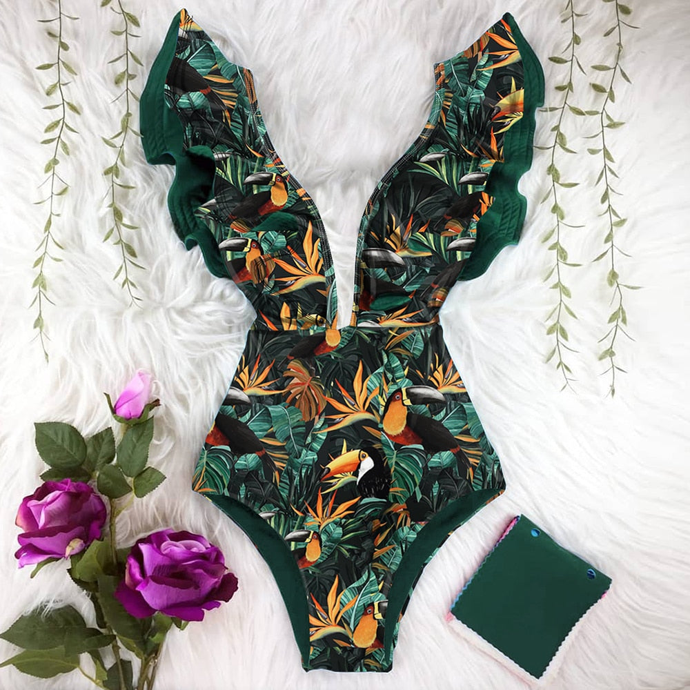 New Sexy Ruffle Print Floral One Piece Swimsuit Off The Shoulder Swimwear Women Solid Deep-V Beachwear Bathing Suit Monkini