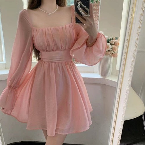 Pink Sweet Elegant Princess Dress Women Casual Korean Slim Long Sleeve Fairy Dress Female Backless Design Vintage Dress   New