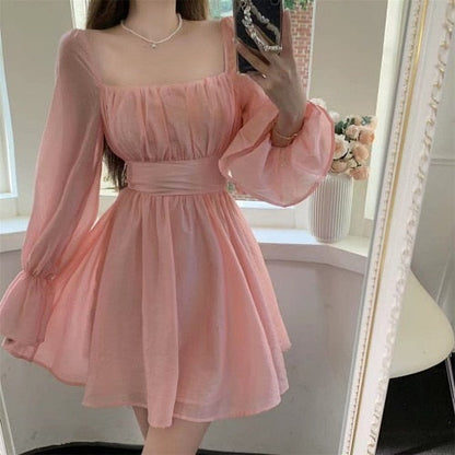 Pink Sweet Elegant Princess Dress Women Casual Korean Slim Long Sleeve Fairy Dress Female Backless Design Vintage Dress   New