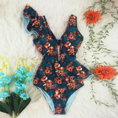 New Sexy Ruffle Print Floral One Piece Swimsuit Off The Shoulder Swimwear Women Solid Deep-V Beachwear Bathing Suit Monkini