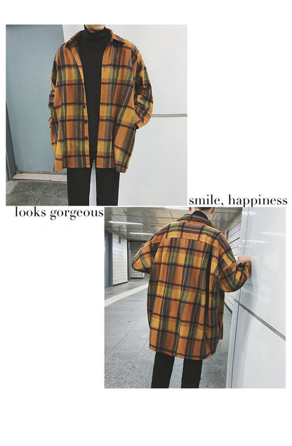 Gbolsos2021 New Fashion Men Plaid Shirt Casual Loose Wool Jacket Coat Men Long Sleeve Shirt Mens Clothing Streetwear