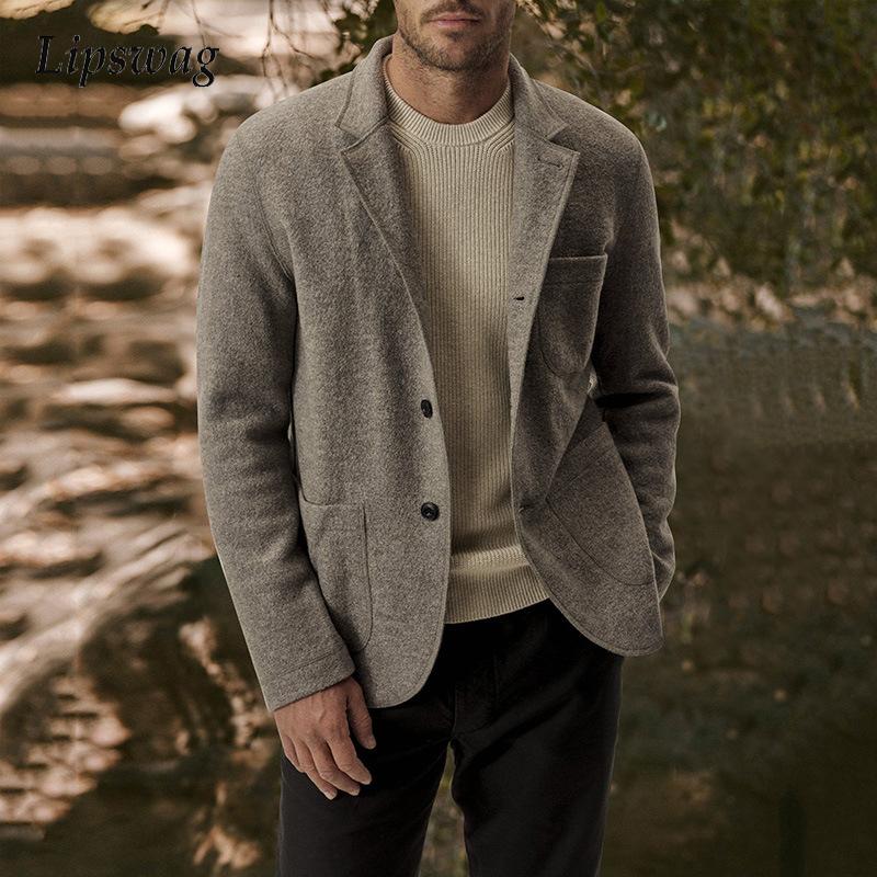 Vintage Solid Color Long Sleeve Coats Men Fashion Turn-down Collar Buttoned Cardigan Jackets Autumn Winter Mens Casual Outerwear