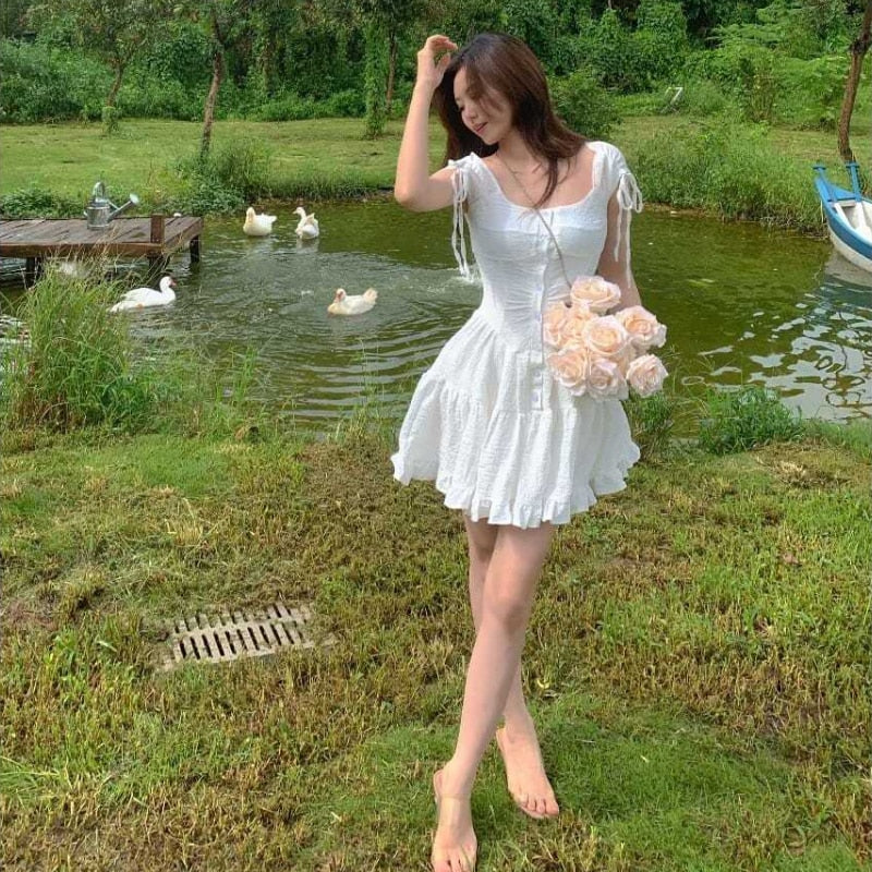 Gbolsos Japanese Kawaii Princess Dress Women Pink Fairy Ruffles Party Mini Dress Female Summer Korean Puff Sleeve Slim Sweet Dress
