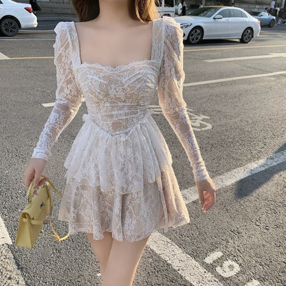 French Sweet Lace Fairy Dress Women Sexy Slim Korean Party Vintage Dress   Elegant Princess Long Sleeve Ruffles Retro Dresses