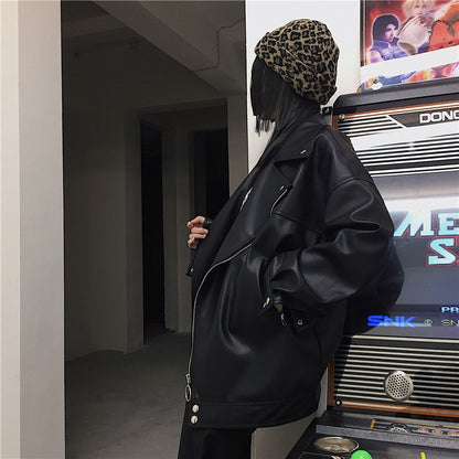 Gbolsos men's wear 2023 Autumn fashion new streetwear Black PU Leather oversize Jacket Loose Zipper Korean hip hop coat 9Y1188