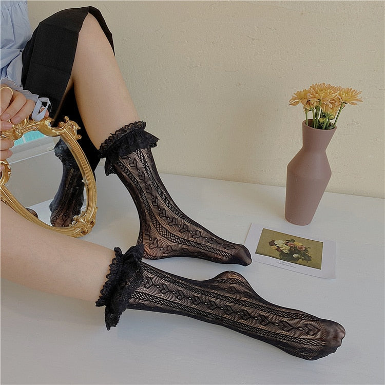 Gbolsos 3 Colors.Women's Thin Lolita Princess Lace Socks.Vintage Ladies Girl's Love Heart Jacquard Princess Socks Female Hosiery Sox