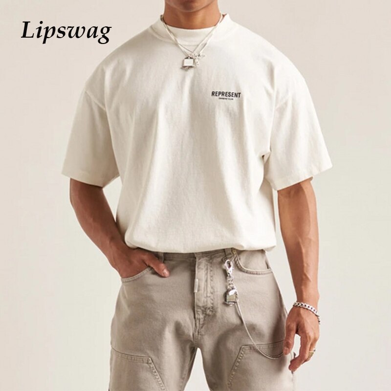 GbolsosSummer Simple Letter Printed Short Sleeve Tee Shirts Men Fashion Loose O-Neck T Shirt Casual Mens 2022 Baggy Tops New Streetwear