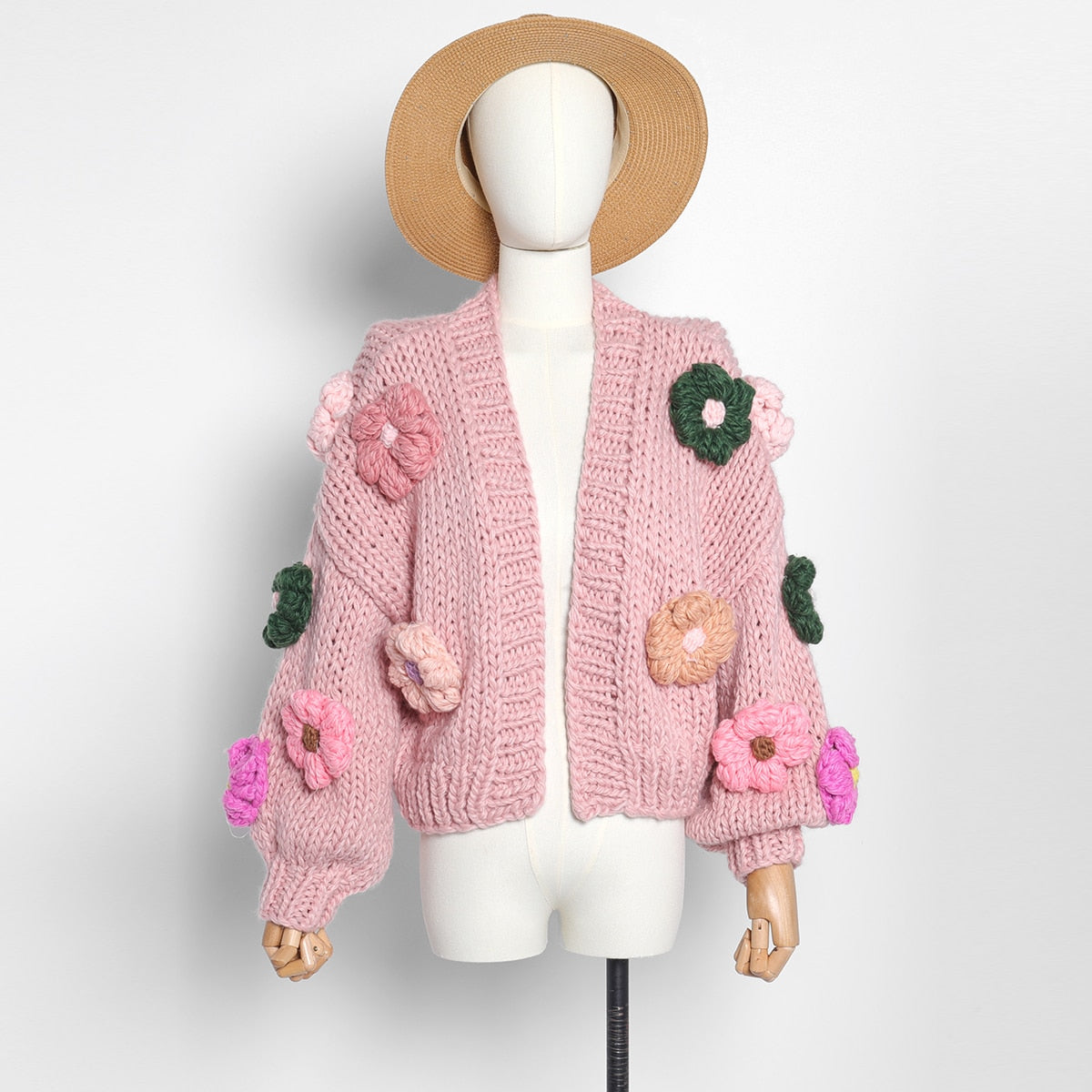 Jastie Winter Fashion Women's Cardigans   Strawberry Pattern Single-Breasted V-Neck Puff Sleeve Loose Sweater кардиган