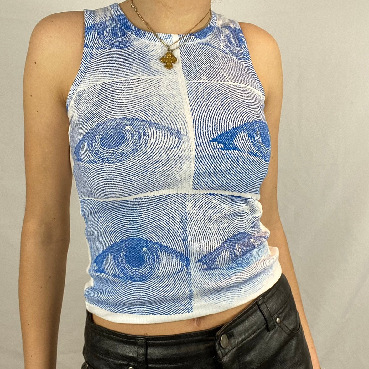Gbolsos Women Eyes Pattern Printing Slim Vest Tops Summer Casual Ladies Round Collar Sleeveless Camisole Tops