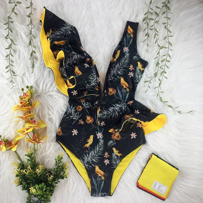 New Sexy Ruffle Print Floral One Piece Swimsuit Off The Shoulder Swimwear Women Solid Deep-V Beachwear Bathing Suit Monkini
