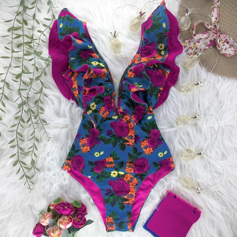 New Sexy Ruffle Print Floral One Piece Swimsuit Off The Shoulder Swimwear Women Solid Deep-V Beachwear Bathing Suit Monkini
