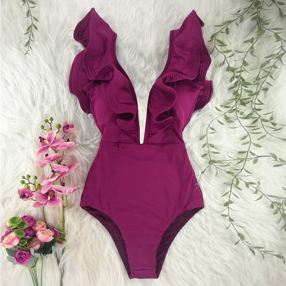 New Sexy Ruffle Print Floral One Piece Swimsuit Off The Shoulder Swimwear Women Solid Deep-V Beachwear Bathing Suit Monkini