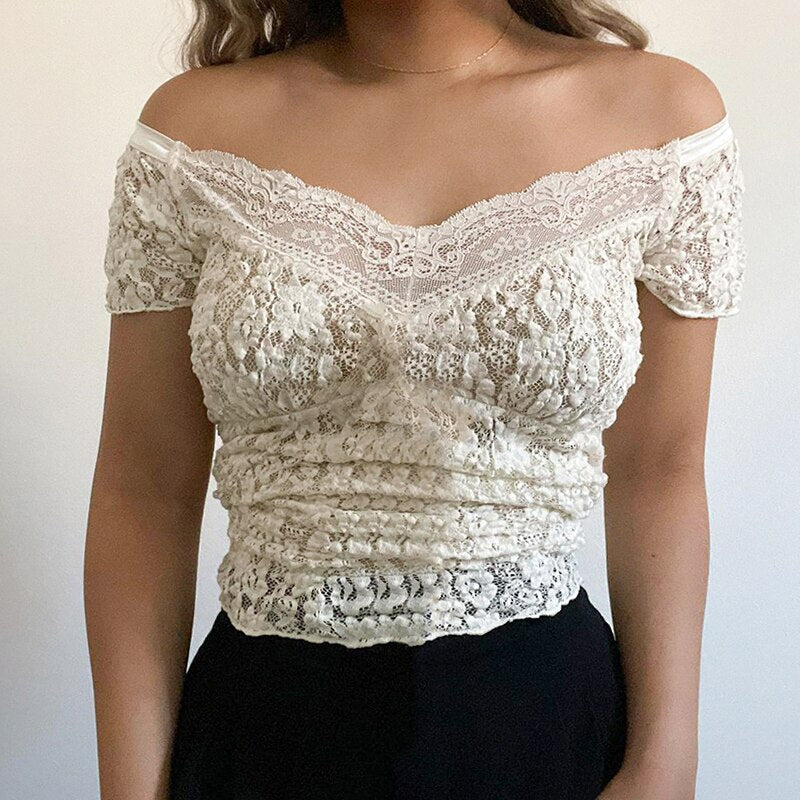 hirigin Summer Vintage Lace Short Sleeve T Shirt y2k Aesthetic Fairycore Pullover Tops Women V Neck Tees Harajuku Slim Crop Tees