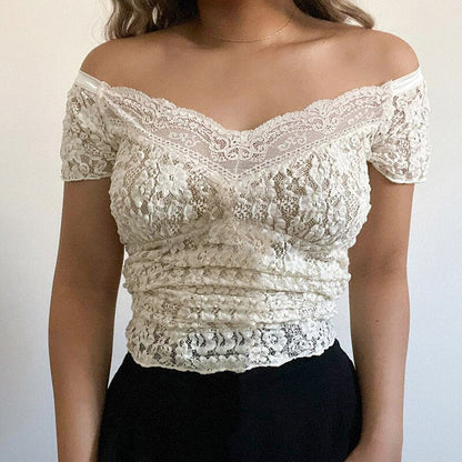 hirigin Summer Vintage Lace Short Sleeve T Shirt y2k Aesthetic Fairycore Pullover Tops Women V Neck Tees Harajuku Slim Crop Tees