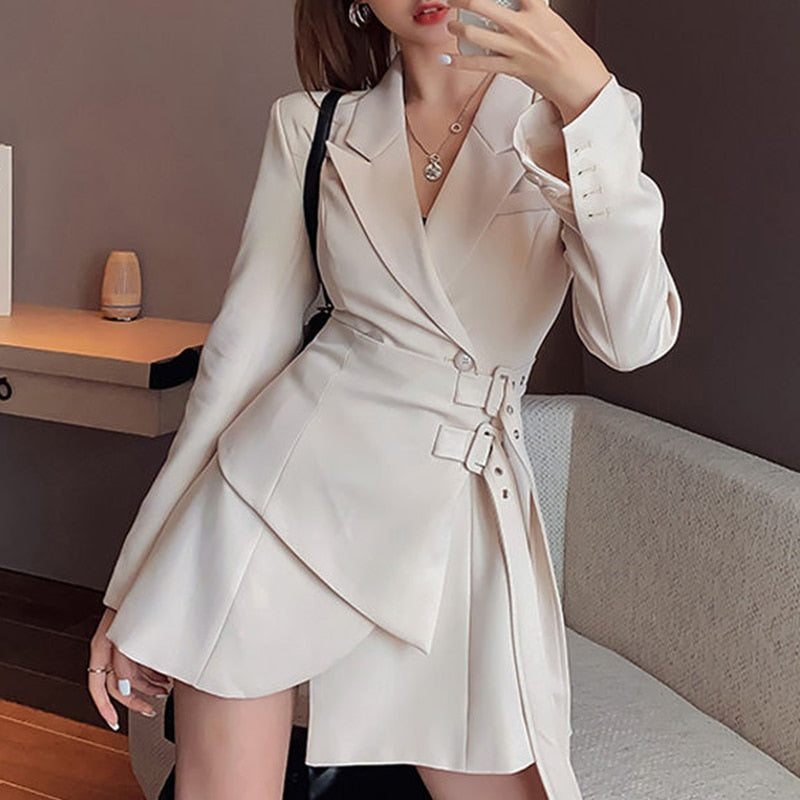 Gbolsos Mini Party Blazer Dress Women Korean One-piece Office Lady Elegant Dress Chic Sashes Design Long Sleeve Clothes Winter New