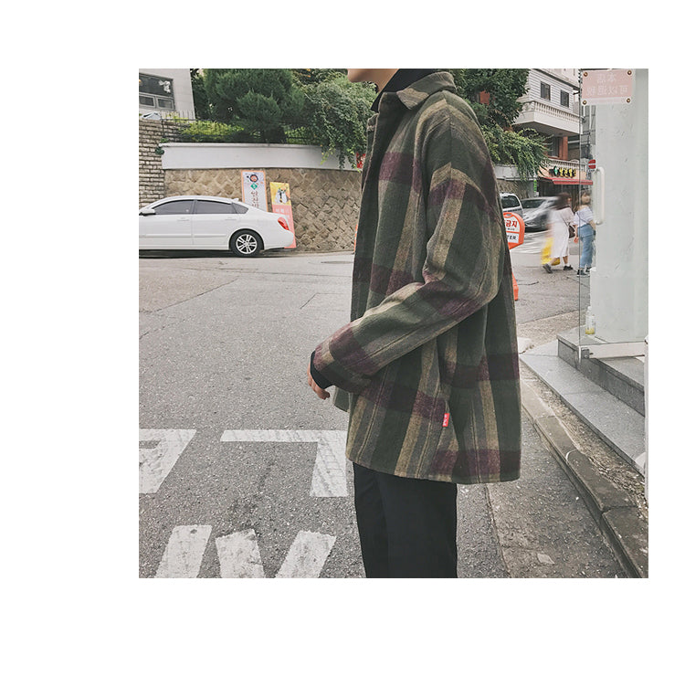 Gbolsos2021 New Fashion Men Plaid Shirt Casual Loose Wool Jacket Coat Men Long Sleeve Shirt Mens Clothing Streetwear
