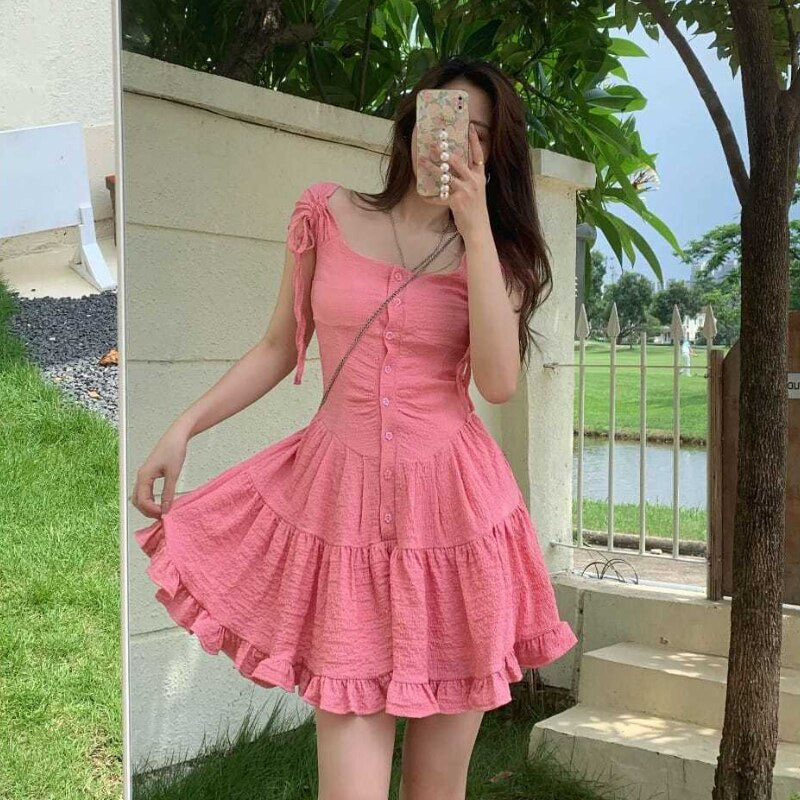 Gbolsos Japanese Kawaii Princess Dress Women Pink Fairy Ruffles Party Mini Dress Female Summer Korean Puff Sleeve Slim Sweet Dress