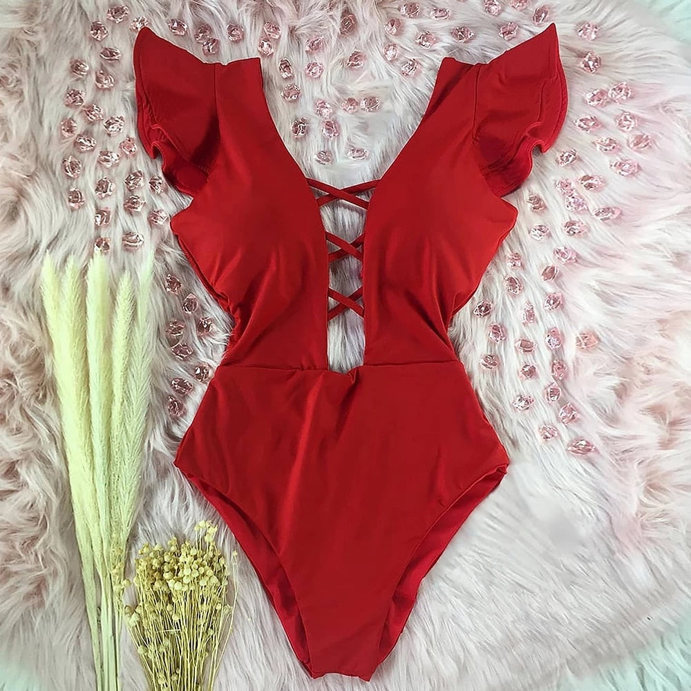 New Sexy Ruffle Print Floral One Piece Swimsuit Off The Shoulder Swimwear Women Solid Deep-V Beachwear Bathing Suit Monkini