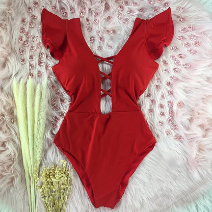 New Sexy Ruffle Print Floral One Piece Swimsuit Off The Shoulder Swimwear Women Solid Deep-V Beachwear Bathing Suit Monkini
