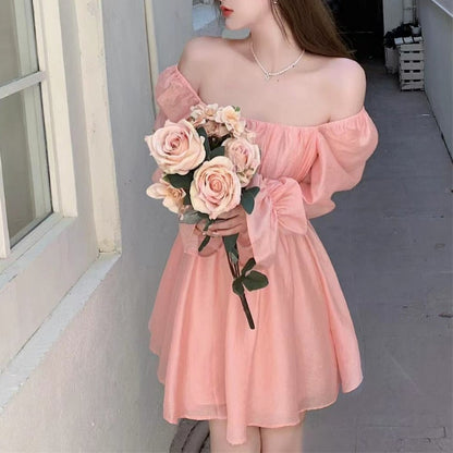 Pink Sweet Elegant Princess Dress Women Casual Korean Slim Long Sleeve Fairy Dress Female Backless Design Vintage Dress   New