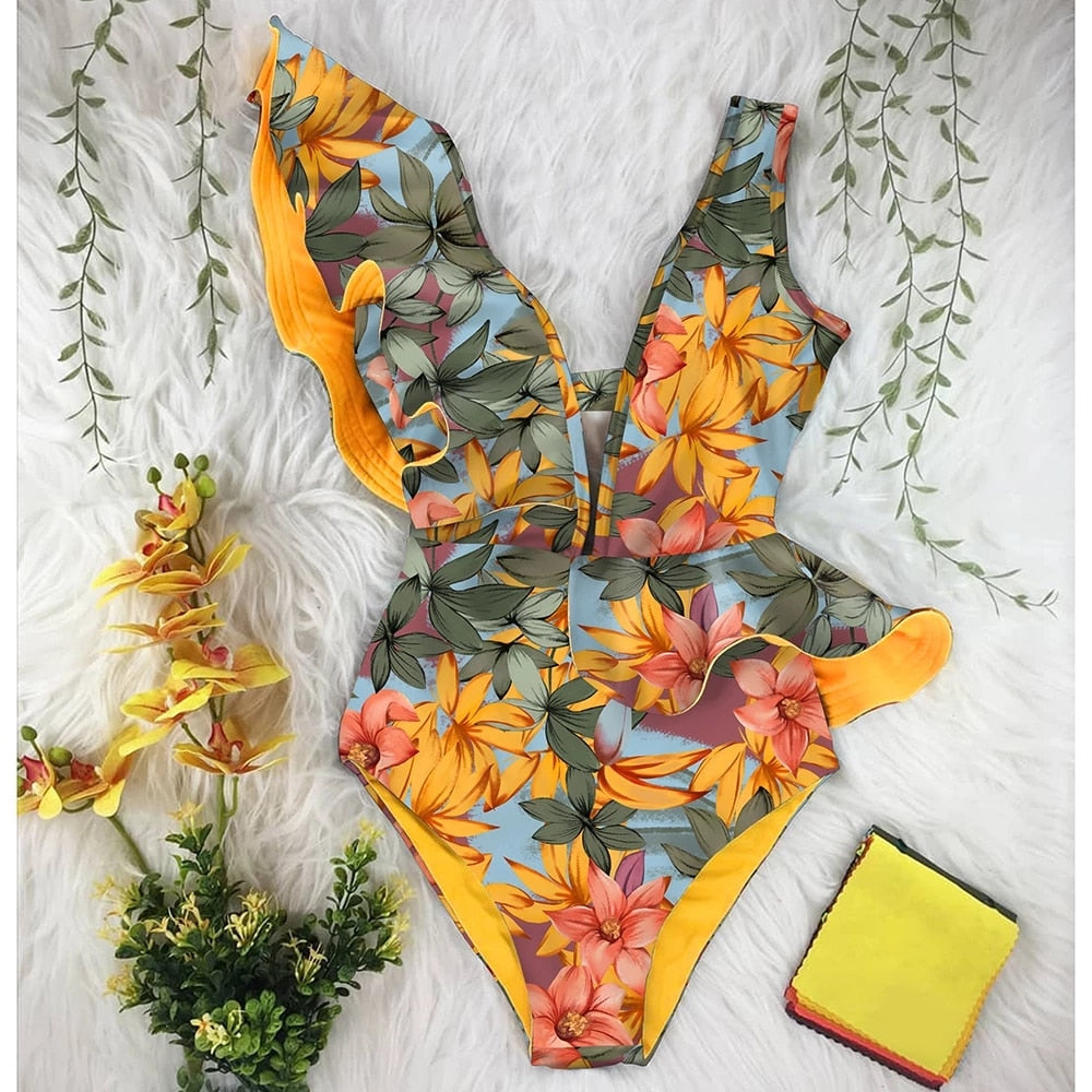 New Sexy Ruffle Print Floral One Piece Swimsuit Off The Shoulder Swimwear Women Solid Deep-V Beachwear Bathing Suit Monkini