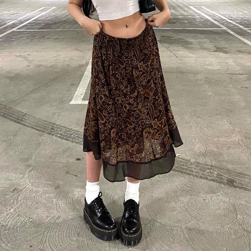 90s E-Girl Aestheti Midi Skirts Cute Womens Floral Print Y2K Kawaii Clothes High Waist Vintage Autumn Skirt 90s Streetwear