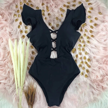 New Sexy Ruffle Print Floral One Piece Swimsuit Off The Shoulder Swimwear Women Solid Deep-V Beachwear Bathing Suit Monkini