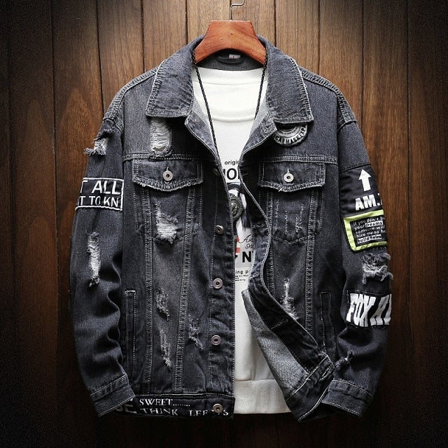 gbolsos 2 Colours Harajuku Patchwork Frayed Rock Vintage Black Blue Denim Jacket Men Punk Sudadera Hole Streetwear Hip Hop Ruched Washed