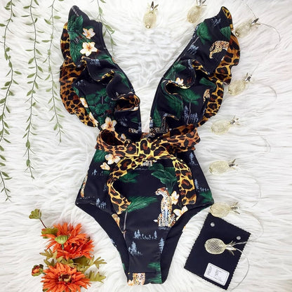New Sexy Ruffle Print Floral One Piece Swimsuit Off The Shoulder Swimwear Women Solid Deep-V Beachwear Bathing Suit Monkini