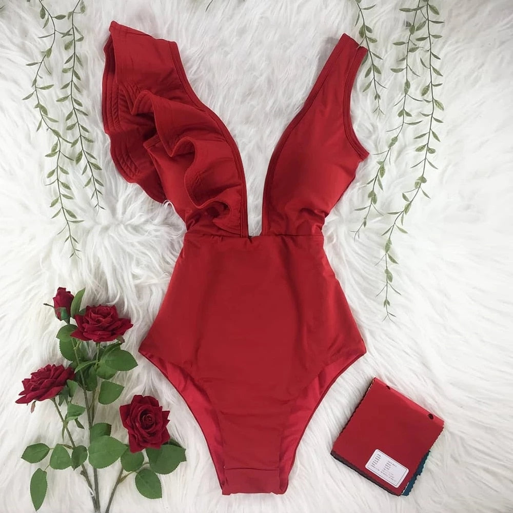 New Sexy Ruffle Print Floral One Piece Swimsuit Off The Shoulder Swimwear Women Solid Deep-V Beachwear Bathing Suit Monkini