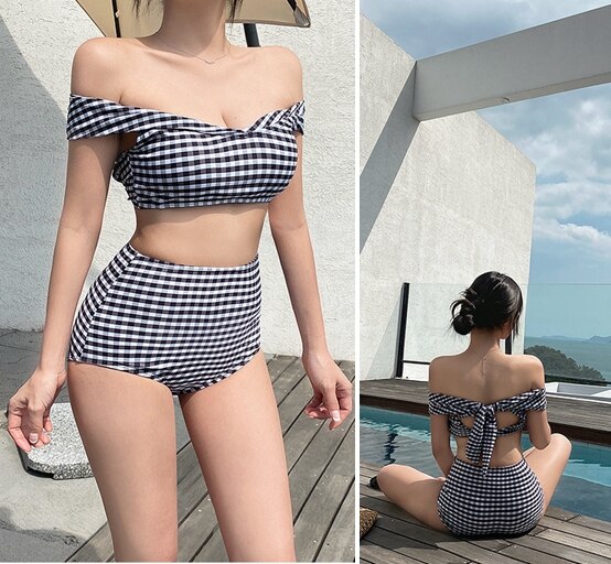 Korea Style Sexy Off Shoulder One Piece Swimsuit Women Sexy Bandage Bodysuit Monokini High Waist Swimwear Bathing Suit Beachwear
