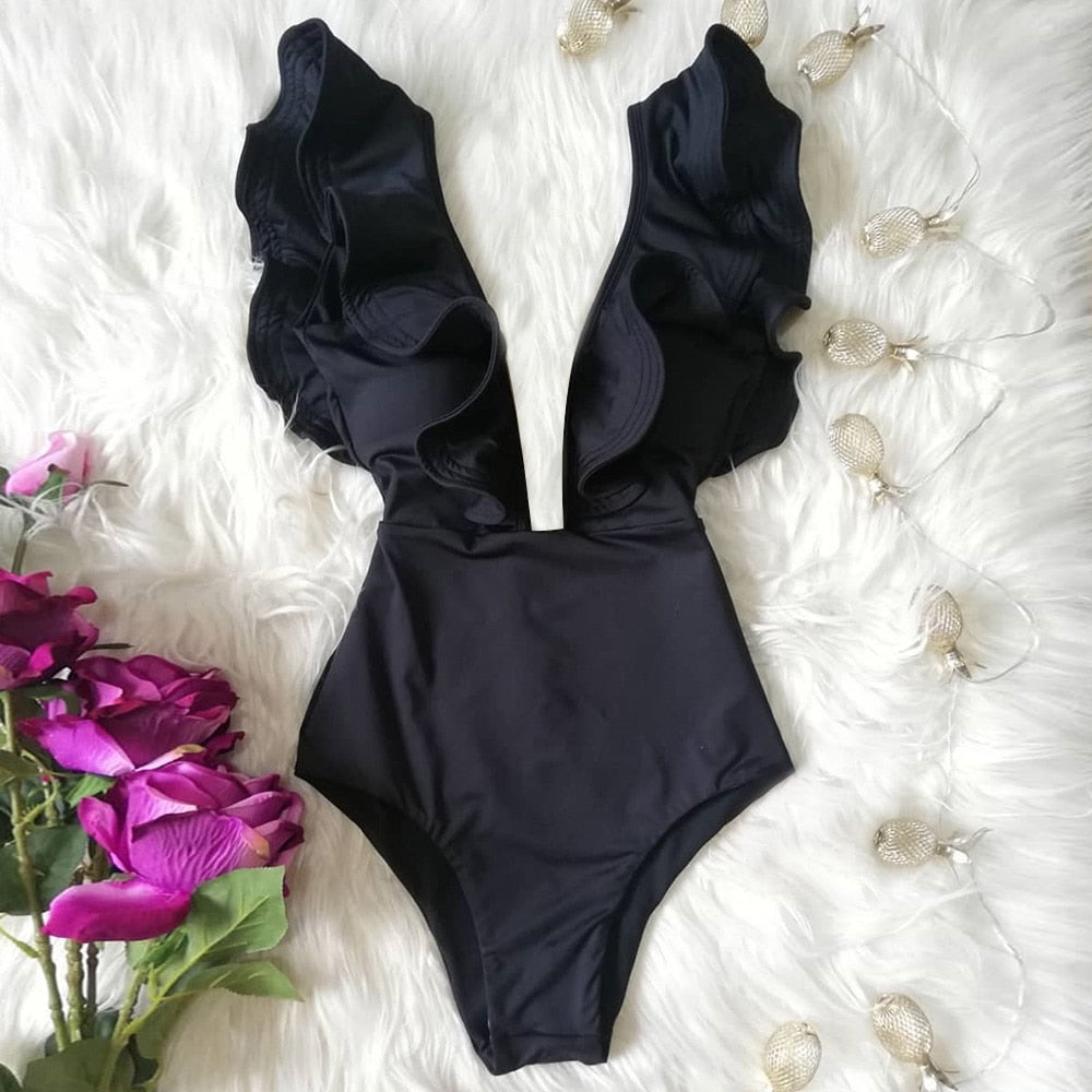 New Sexy Ruffle Print Floral One Piece Swimsuit Off The Shoulder Swimwear Women Solid Deep-V Beachwear Bathing Suit Monkini