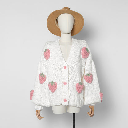 Jastie Winter Fashion Women's Cardigans   Strawberry Pattern Single-Breasted V-Neck Puff Sleeve Loose Sweater кардиган