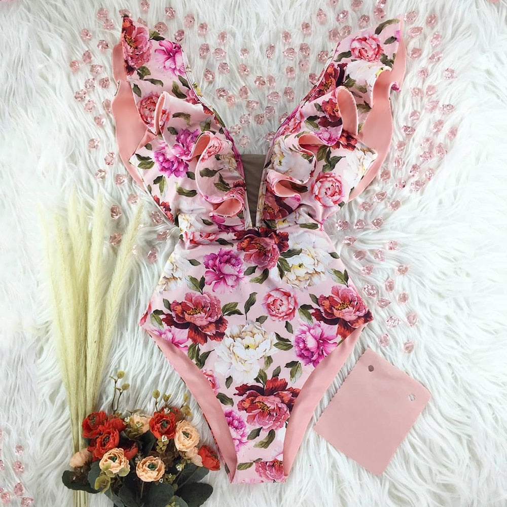 New Sexy Ruffle Print Floral One Piece Swimsuit Off The Shoulder Swimwear Women Solid Deep-V Beachwear Bathing Suit Monkini
