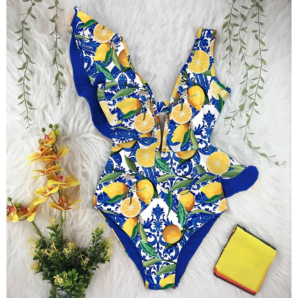 New Sexy Ruffle Print Floral One Piece Swimsuit Off The Shoulder Swimwear Women Solid Deep-V Beachwear Bathing Suit Monkini