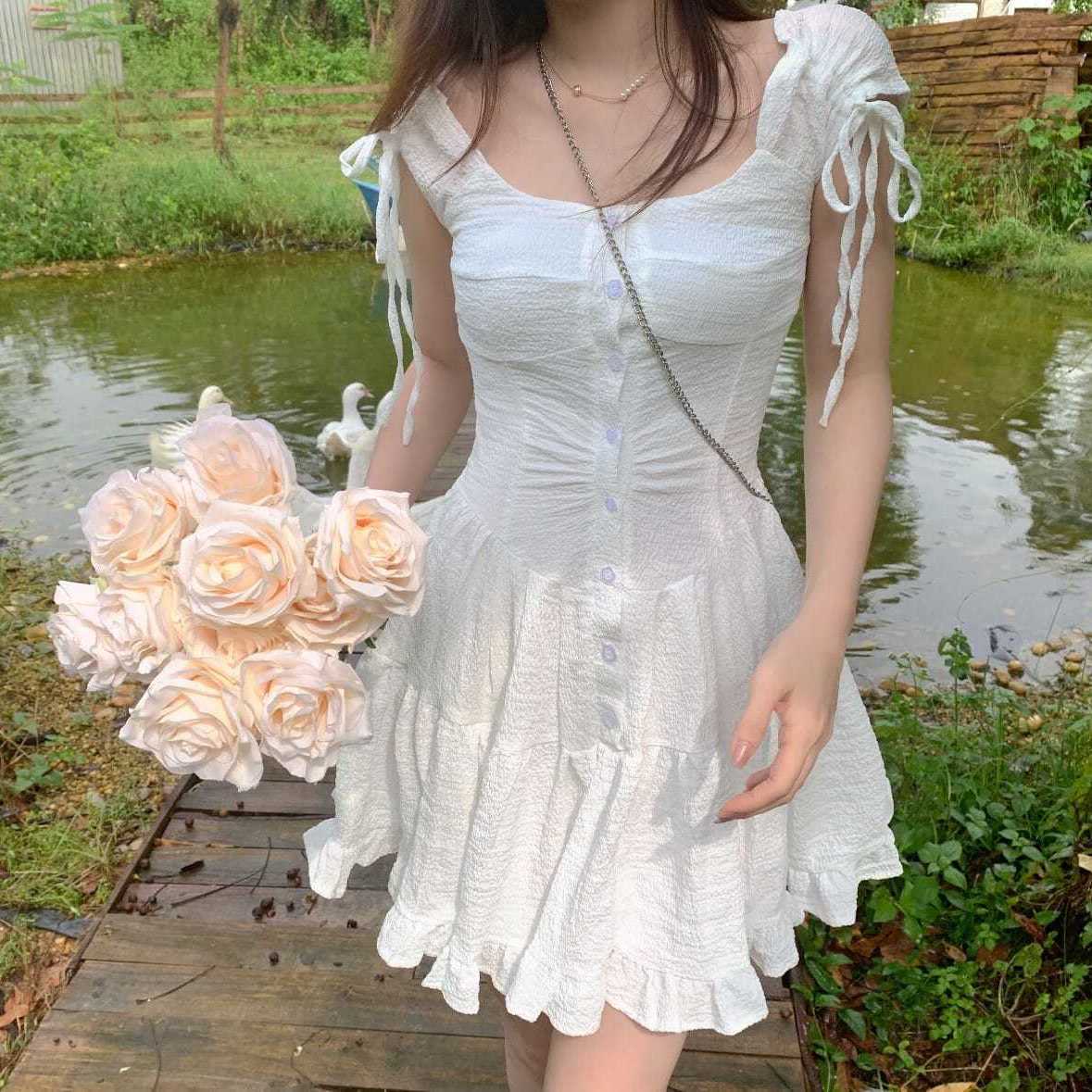 Gbolsos Japanese Kawaii Princess Dress Women Pink Fairy Ruffles Party Mini Dress Female Summer Korean Puff Sleeve Slim Sweet Dress