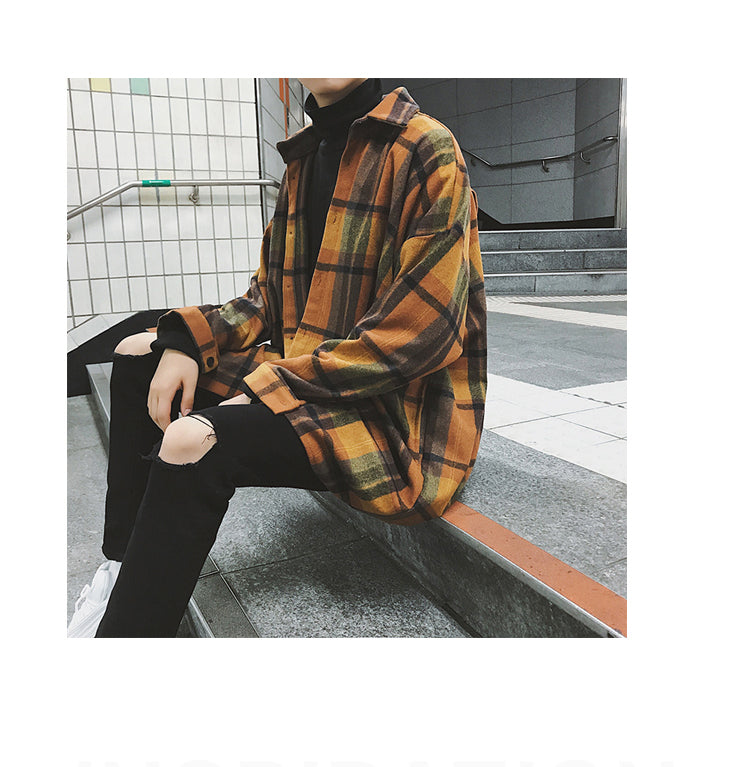 Gbolsos2021 New Fashion Men Plaid Shirt Casual Loose Wool Jacket Coat Men Long Sleeve Shirt Mens Clothing Streetwear