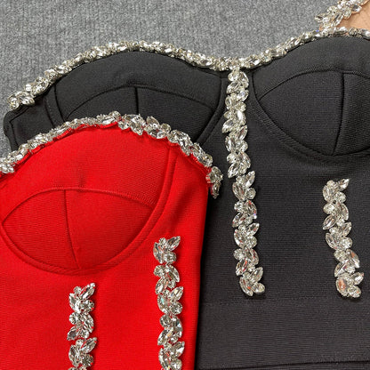 Gbolsos Sexy Strapless Women Dress Bandage Bodycon New Elegant Beading Party Evening Club Midi Dresses Summer Autumn Clothes