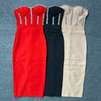 Gbolsos Sexy Strapless Women Dress Bandage Bodycon New Elegant Beading Party Evening Club Midi Dresses Summer Autumn Clothes